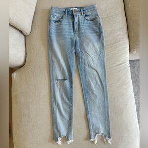 LOFT Light Blue Skinny Jeans with Knee Distress and Frayed Hem